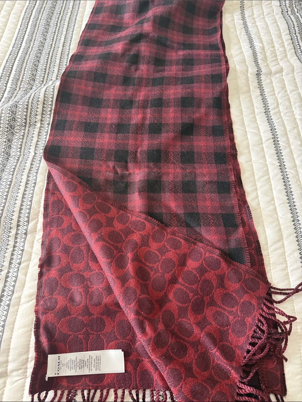 Coach Burgundy and Black Reversible Plaid Signature Scarf